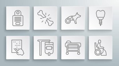 Körler alfabesi, kırık kemik torbası tekerlekli sandalyedeki köpek diş implantı ve interkom ikonu takılı sedye kadın. Vektör.