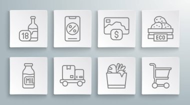 Süt yüzde indirimli şişe ve seyyar el kamyon kutuları meyve ve şarap şişesi ikonu için alışveriş çantası yemek arabası kredi kartı tahtaları. Vektör.