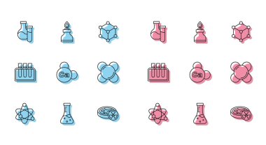 Atom Test Tüpü 'nü zehirli sıvı Mineral Kalsiyum Molekül ve Alkol veya Ruh Yakıcı ikonu ile ayarlayın. Vektör.