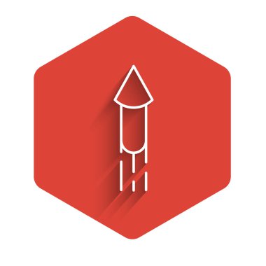 Uzun gölgeli beyaz çizgi havai fişek ikonu. Eğlence partisi anlayışı. Patlayıcı havai fişek sembolü. Kırmızı altıgen düğmesi. Vektör.