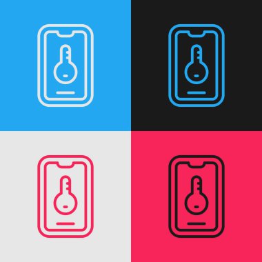 Pop Art Line Online emlak evi akıllı telefon ikonundaki renk arkaplanı izole edilmiş. Ev kredisi konsepti, kira, satın alma, mülk alma. Vektör.