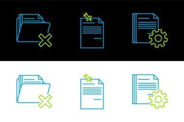 Satır Belge ayarlarını vites silme dizini ve simgeye basılmış Not kağıdı ile ayarla. Vektör.