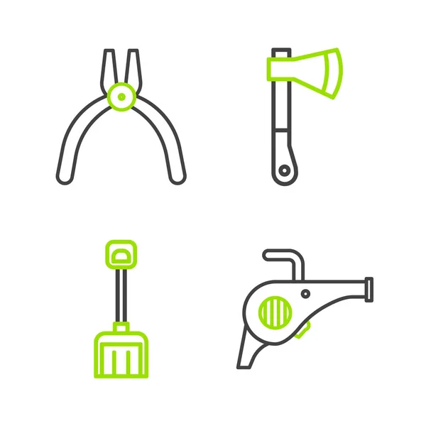 Set Line Bladtuinblazer Sneeuwschuiver Houten Bijl Pliers Tool Icon Vector — Stockvector