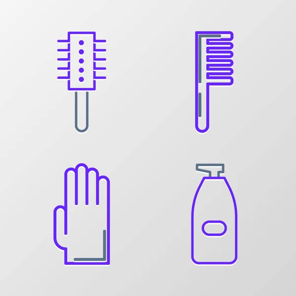 Set Line Bottle Liquid Antibacterial Soap Rubber Gloves Hairbrush Icon — Stock Vector