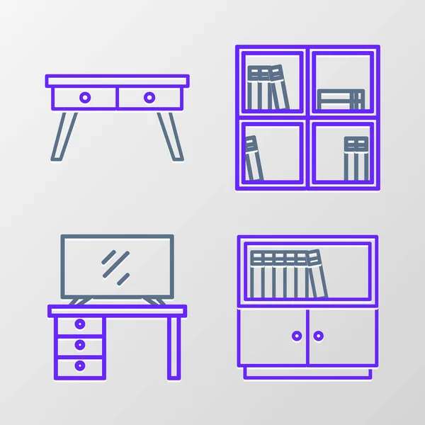 设置线图书馆书架电视书架台架与写字台图标 — 图库矢量图片