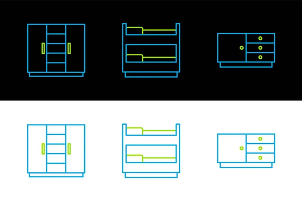 Definir Linha Baú Gavetas Roupeiro Ícone Beliche Vetor — Vetor de Stock