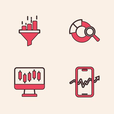 Harita arama veri analizi ve borsa büyüme grafikleri simgesiyle mobil hisse senedi alım satım hunisini ayarlayın. Vektör.