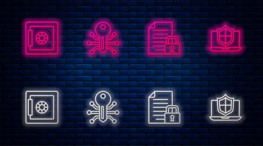 Akıllı anahtar, Belge ve Kilit, Kalkanla korunan güvenli ve dizüstü bilgisayar hattı ayarlayın. Tuğla duvarda parlayan neon simgesi. Vektör.