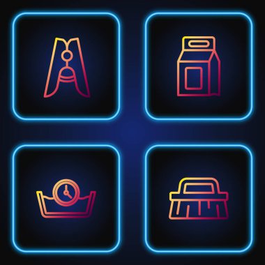 Temizlik, zaman temizliği, elbise iğnesi ve çamaşır deterjanı için sıra fırçasını hazırlayın. Renk simgeleri. Vektör.