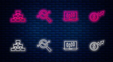 Hiyerarşi organogramı ve Finansal Dolar 'ın borsa büyüme grafiklerini belirle. Tuğla duvarda parlayan neon simgesi. Vektör.
