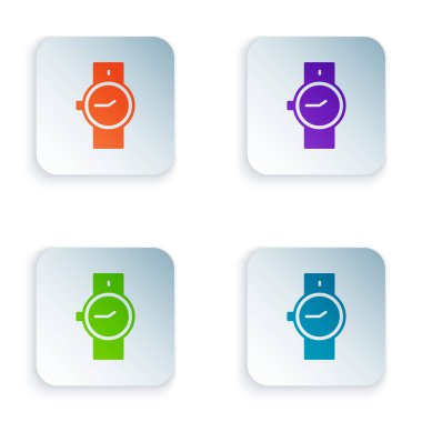 Beyaz arkaplanda izole edilmiş renkli bilek saat simgesi. Kol saati simgesi. Kare düğmelere renkli simgeleri yerleştir. Vektör.