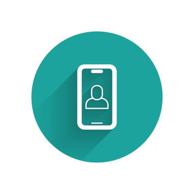 Beyaz Görüntülü Sohbet Konferansı simgesi uzun gölgede izole edildi. Çevrimiçi iş görüşmesi formu. Uzak proje yönetimi. Yeşil daire düğmesi. Vektör.