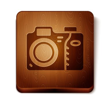 Kahverengi fotoğraf makinesi simgesi beyaz arkaplanda izole edildi. Fotoğraf makinesi simgesi. Tahta kare düğme. Vektör.
