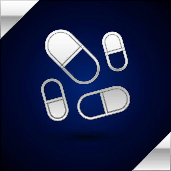 Zilveren Vitamine Complex Van Pil Capsule Pictogram Geïsoleerd Donkerblauwe Achtergrond — Stockvector