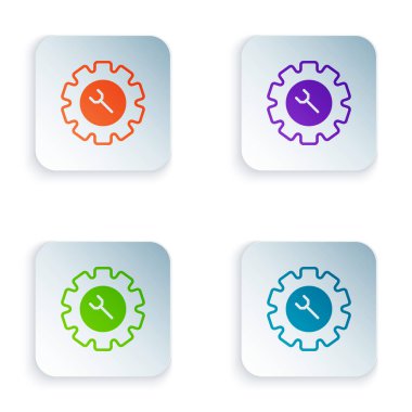 Renk anahtarı ve dişli simgesi beyaz arkaplanda izole edildi. Ayarlama, servis, ayar, bakım, onarım, onarım. Kare düğmelere renkli simgeleri yerleştir. Vektör.