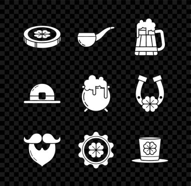 Altın sikkeyi dört yapraklı yonca tüttürme piposu bira bardağı bıyığı, sakal sakal kapağı cüce cüce şapkası ve cadı kazanı ikonu ile ayarla. Vektör.