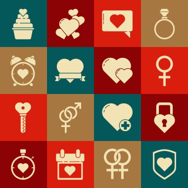 Heart with Shield Castle, kalp şeklinde kadın cinsiyet sembolü, kurdele merkezli alarm saati ve ikon şeklinde. Vektör.