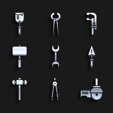 Anahtarı, pusula çizme pusula parçalayıcısını, balyoz klemp aletini ve macun bıçağı simgesini ayarla. Vektör.