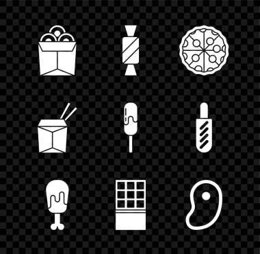 Erişteleri kutu şekerli pizza, tavuk budu çikolatalı biftek, Asya usulü erişte çubuğu ve dondurma ikonuna koy. Vektör.