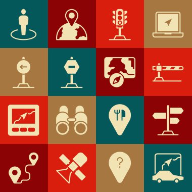 Şehir haritası navigasyon trafik levhası trafik bariyeri trafik lambası dur sola dön kişi ve simge ile. Vektör.