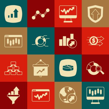 Hisse senedi pazar büyüme grafiklerini ayarla Arama veri analizi Financial dollar Monitor grafikleri ile grafiksel Pie bilgi tarayıcı stokları ve simgesi. Vektör.