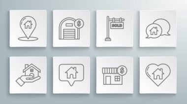 Emlakçı Deposu 'nu dolar sembollü Harita İşaretleyicisi, kalp şeklindeki yazı metni, konuşma balonu ve ikon satıldı. Vektör.