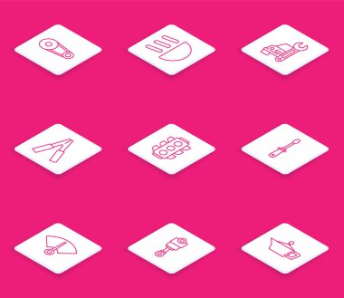 Hat çizgisi, emniyet kemeri kiti, yüksek ışın araba pili, akü takviye kablosu, hafif tornavida hız göstergesi ve motor piston simgesini ayarla. Vektör.