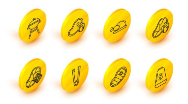 Tuzlu Biftek Etli Taze Donmuş Biftek Taze Izgara Ve Alevli Kavrulmuş Hindi veya Tavuk ve Izgara İkonu. Vektör.