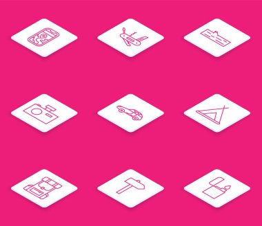 Kentin haritasını belirle İsviçre çakısı tahta kütük fotoğraf makinesi turist çadırı sırt çantası ve trafik levhası ikonu. Vektör.