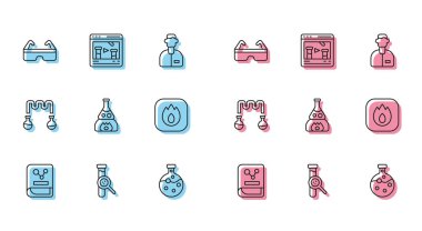 Kimya kitabı test tüpü ve matara güvenlik gözlüklerini ateş alevi ve kimyasal online ikon olarak ayarla. Vektör.