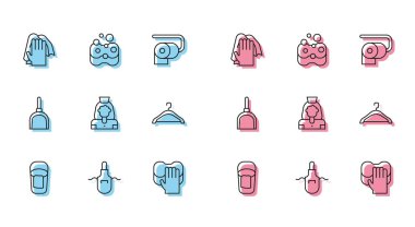 Paçavra Mutfak Önlüğü Temizlik Hizmetçisi Hanger Gardırop Faraş ve Sünger ikonuyla sıra olun. Vektör.