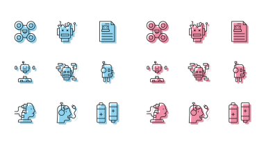 Robot hattını bakım için ayarla. Pilsiz Batarya Parçalanmış Robot ve Kırık Simge. Vektör.