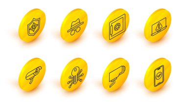 Akıllı Telefon Güvenlik kamerası anahtar dizüstü bilgisayarını ünlem işareti Güvenli Incognito modu ve Kalkan simgesi ile ayarla. Vektör.