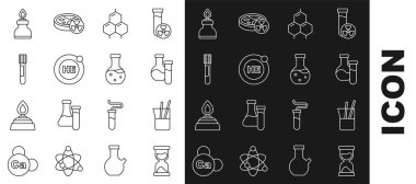 Eski Kum Saati Laboratuvarı Cam Test Tüpü Kimyasal Formülü Helyum Alkol Ruh Yakıcısı ve İkonunu ayarlayın. Vektör.