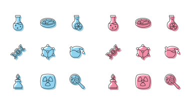 Molekül DNA sembolü ve bakteri ikonlu Petri kabı altında alkol veya ruh yakıcı radyoaktif test tüpü mikroorganizmalarını ayarla. Vektör.