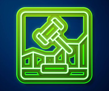 Parlayan neon hattı açık artırma ikonu mavi arka planda izole edildi. Uluslararası ticaret konsepti. Yatırım, borsa ve ticaret. Vektör.