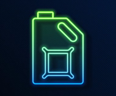 Mavi arka planda izole edilmiş motor makine yağı ikonu için parlayan neon hattı kutusu. Benzin bidonu. Yağ değiştirme ve onarım servisi. Motor yağı işareti. Vektör.