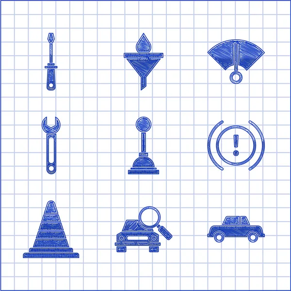 Set Versnellingspook Auto Zoeken Remsysteem Waarschuwing Verkeersconus Moersleutel Snelheidsmeter Schroevendraaier — Stockvector