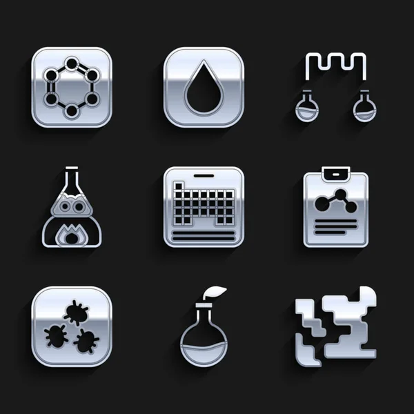 Set Periodic table Plant breeding Gaseous Chemistry report Bacteria Test tube flask on fire and and Formula of benzene rings icon. Vector.