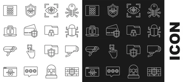 Set Line Shield Ziegelwand Überwachungskamera System Bug Eye Scan Kreditkarte — Stockvektor