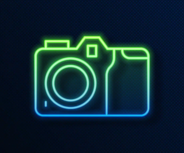 发光的霓虹灯线照片相机图标孤立在蓝色背景 Foto相机图标 — 图库矢量图片
