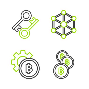 Şifreleme madeni parası Bitcoin engelleme teknolojisi ve anahtar simgesi ayarla. Vektör.