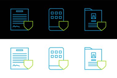 Kalkan Sözleşmesi ve Smartphone sigorta ikonu ile satır belgesi ayarlayın. Vektör.