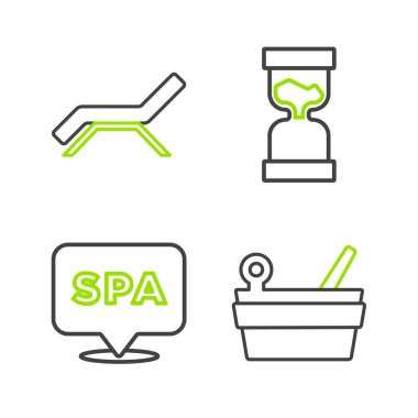 Sauna kovası ve kepçe kaplıca salonu. Eski kum saati ve güneş yatağı şemsiyesi ikonu. Vektör.