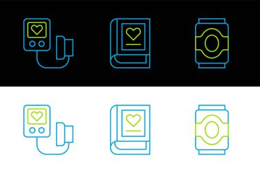 Soda kutusu tansiyonunu ve tıp kitabı ikonunu ayarla. Vektör.