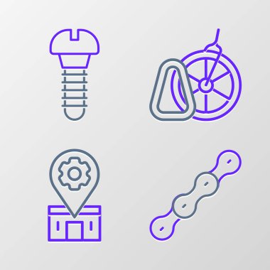 Bisiklet zinciri tamir servisi otoparkı ve metal vida simgesini ayarla. Vektör.