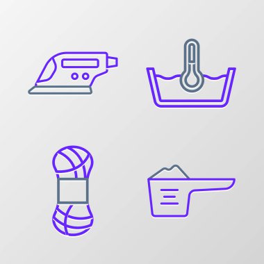 Halat temizleme tozu iplik yıkama ve elektrikli ütü ikonu ayarlayın. Vektör.