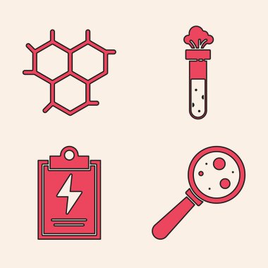 Mikroorganizmaları büyüteç, kimyasal formül, test tüpü, kimyasal ve laboratuvar panolarını kontrol listesi simgesi ile ayarla. Vektör.