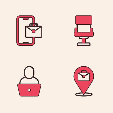 Çevrimiçi çalışma, Freelancer, ofis koltuğu ve simgesi. Vektör.