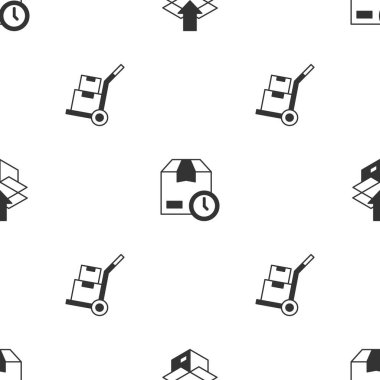 Karton karton kutuları saat, el arabası ve kutularla kusursuz desenli olarak ayarla. Vektör.